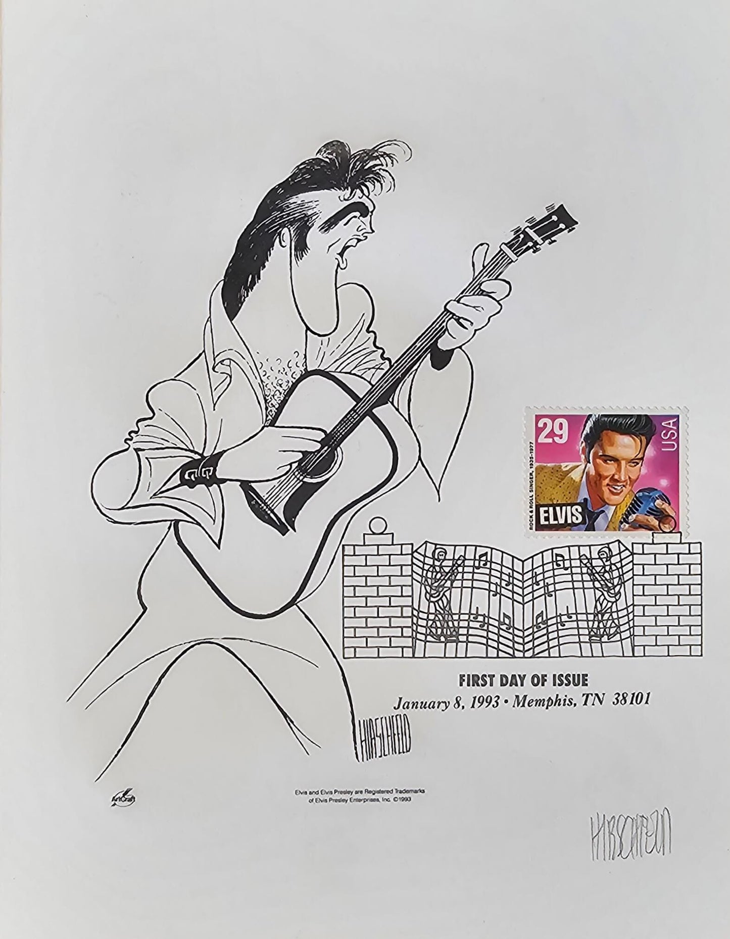 Al Hirschfeld hand signed "Elvis" Stamp Sheet Art Print