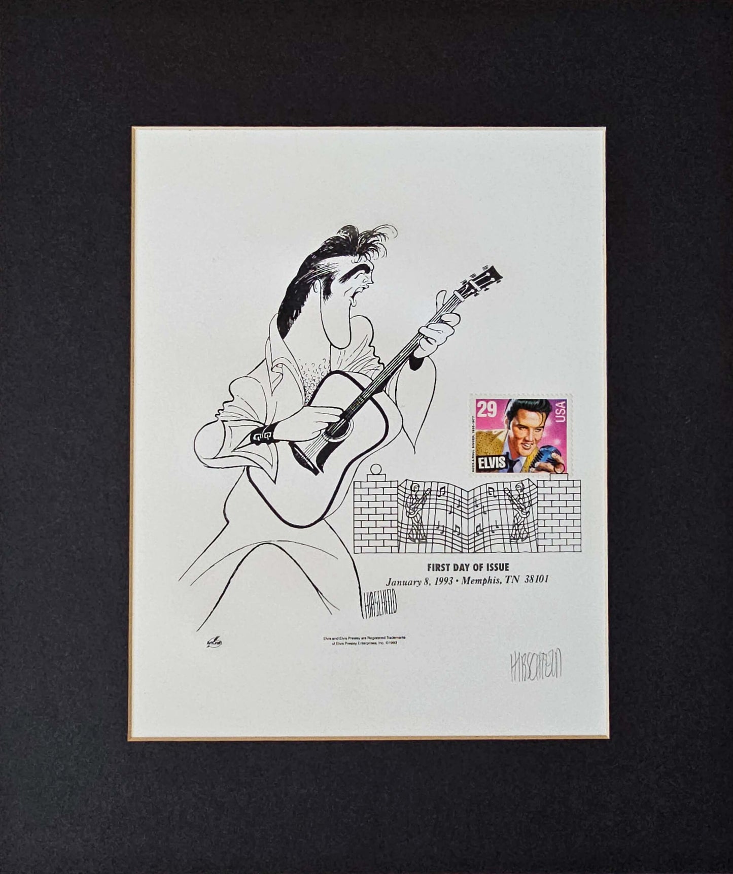 Al Hirschfeld hand signed "Elvis" Stamp Sheet Art Print