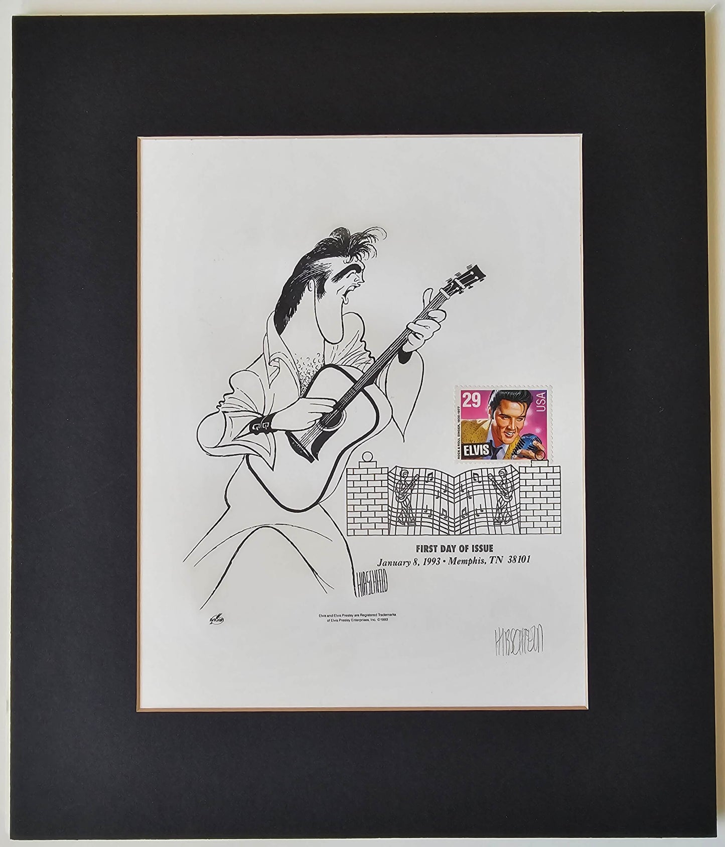 Al Hirschfeld hand signed "Elvis" Stamp Sheet Art Print