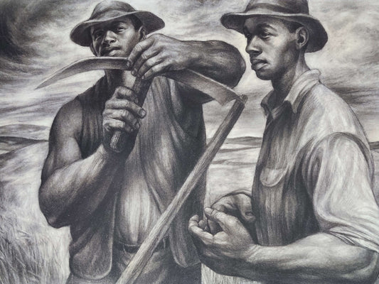 Charles White African American Art two men in field "Harvest talk"