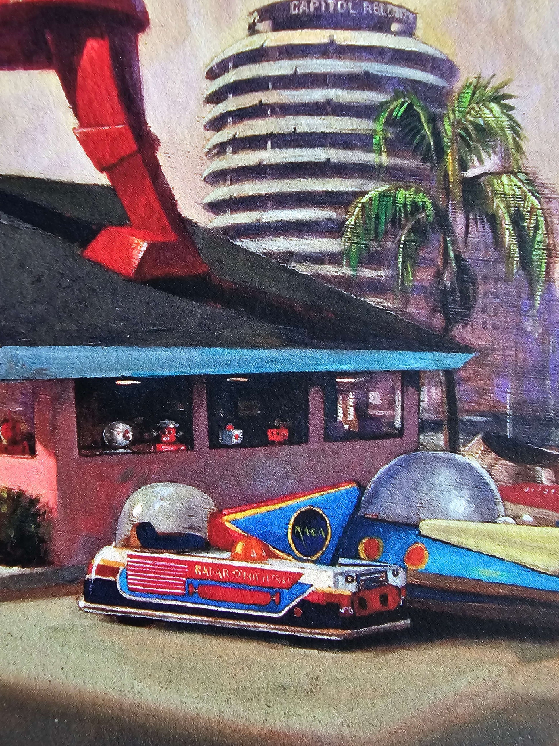 Robots eating donuts at donut shop infront of Capitol records