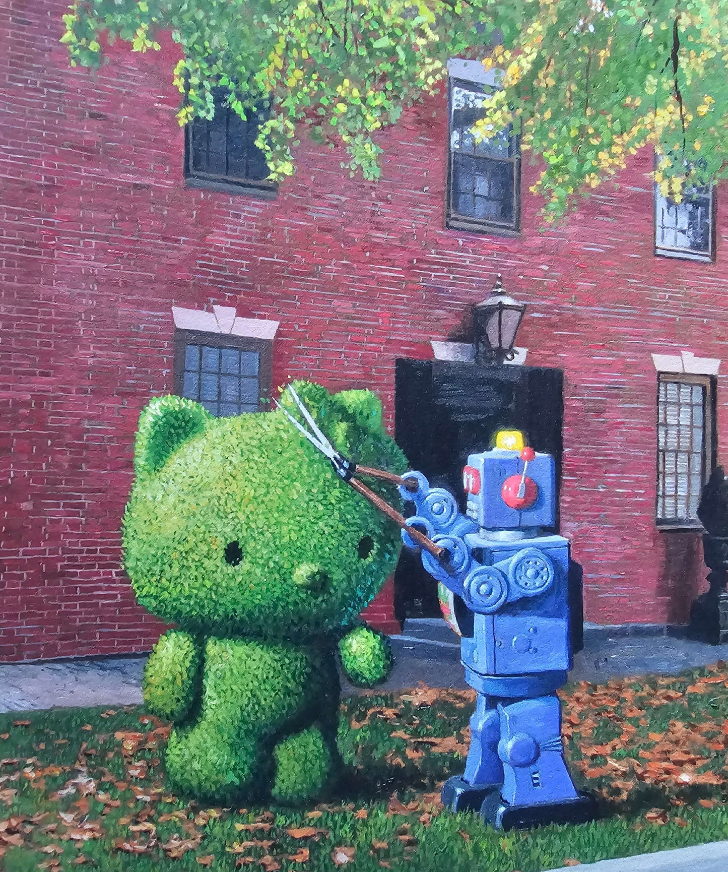 Eric Joyner "Hair Cut" Art print Robot cutting Hello Kitty's hair. Hello Kitty is a topiary bush infant of a red brick home.
