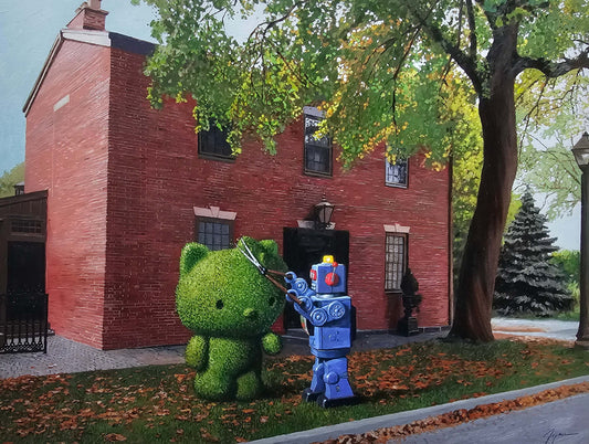 Eric Joyner "Hair Cut" Art print Robot cutting Hello Kitty's hair. Hello Kitty is a topiary bush infant of a red brick home.