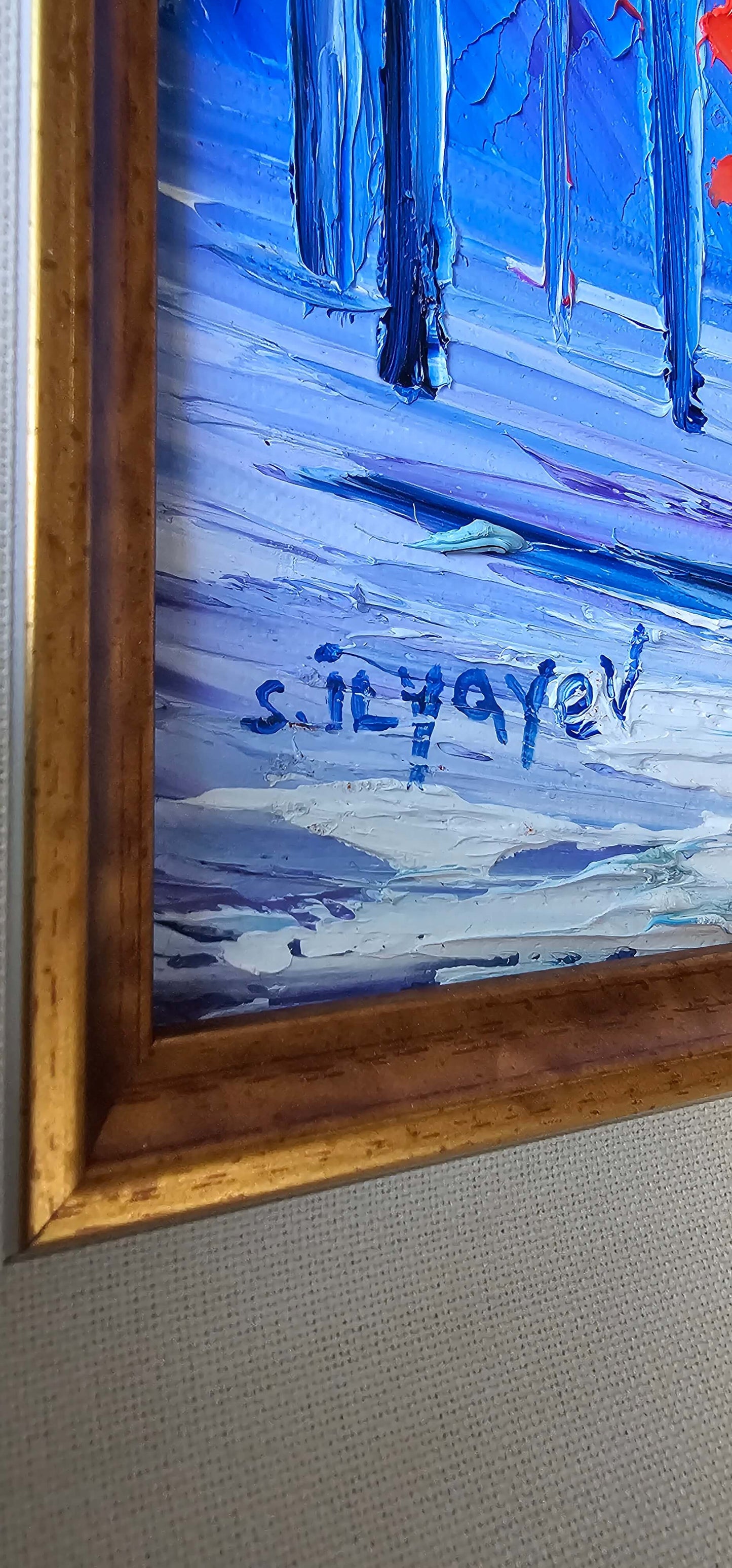 Slava Ilyayev Original Oil Painting Impasto Colorful Art Framed 25.75" x 29.75" Rainy Day Walk