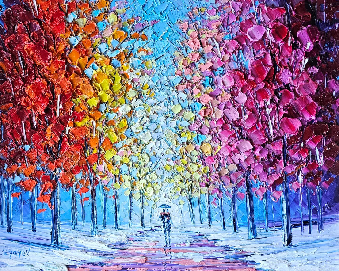 Slava Ilyayev Original Oil Painting Impasto Colorful Art Framed 25.75" x 29.75" Rainy Day Walk