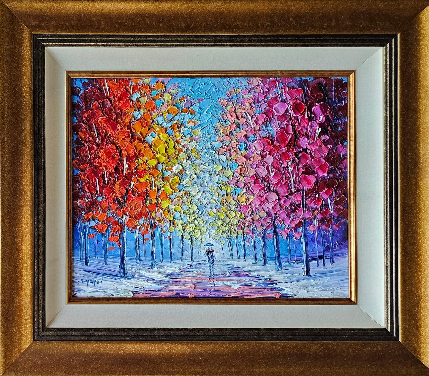 Slava Ilyayev Original Oil Painting Impasto Colorful Art Framed 25.75" x 29.75" Rainy Day Walk
