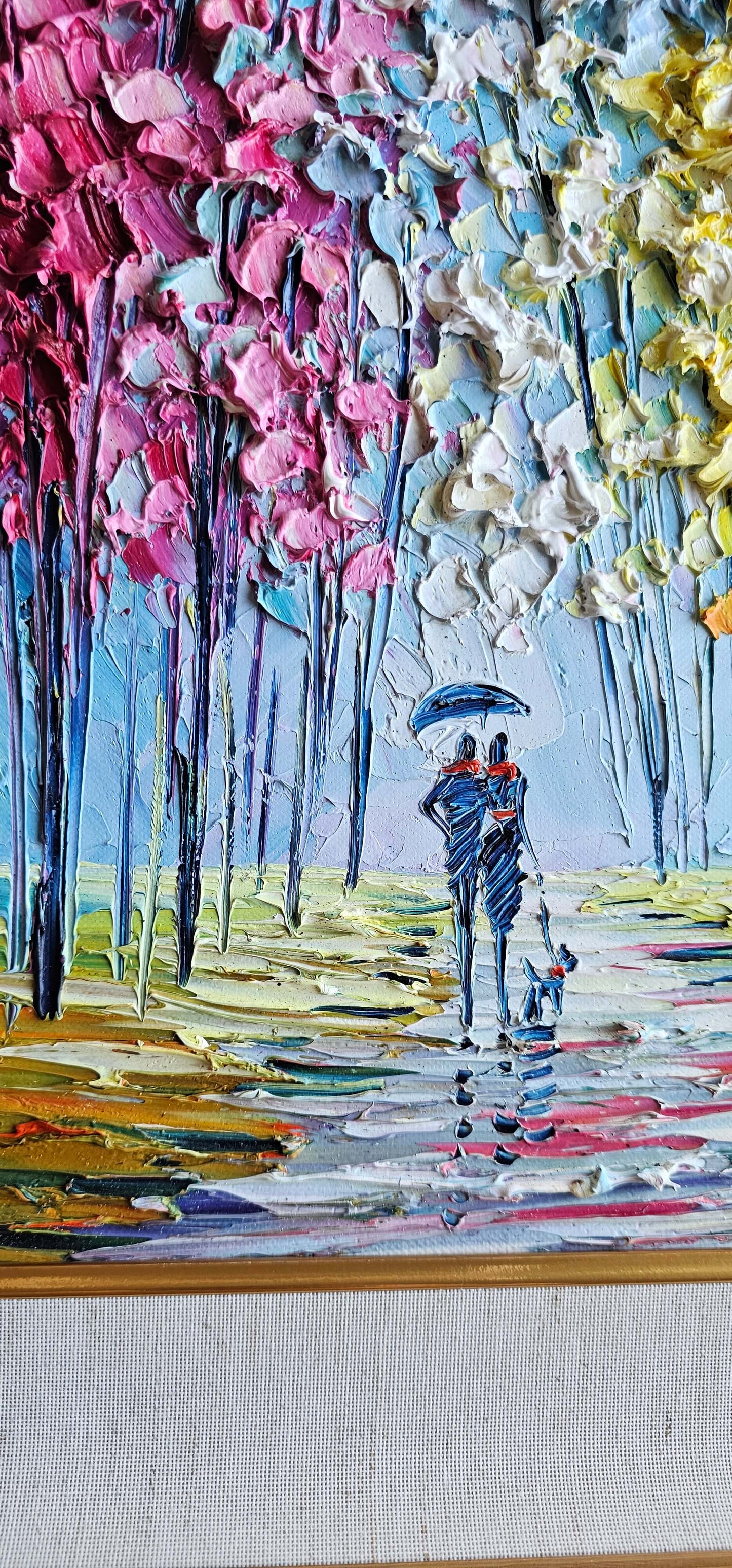 Slava Ilyayev painting couple under umbrella with dog