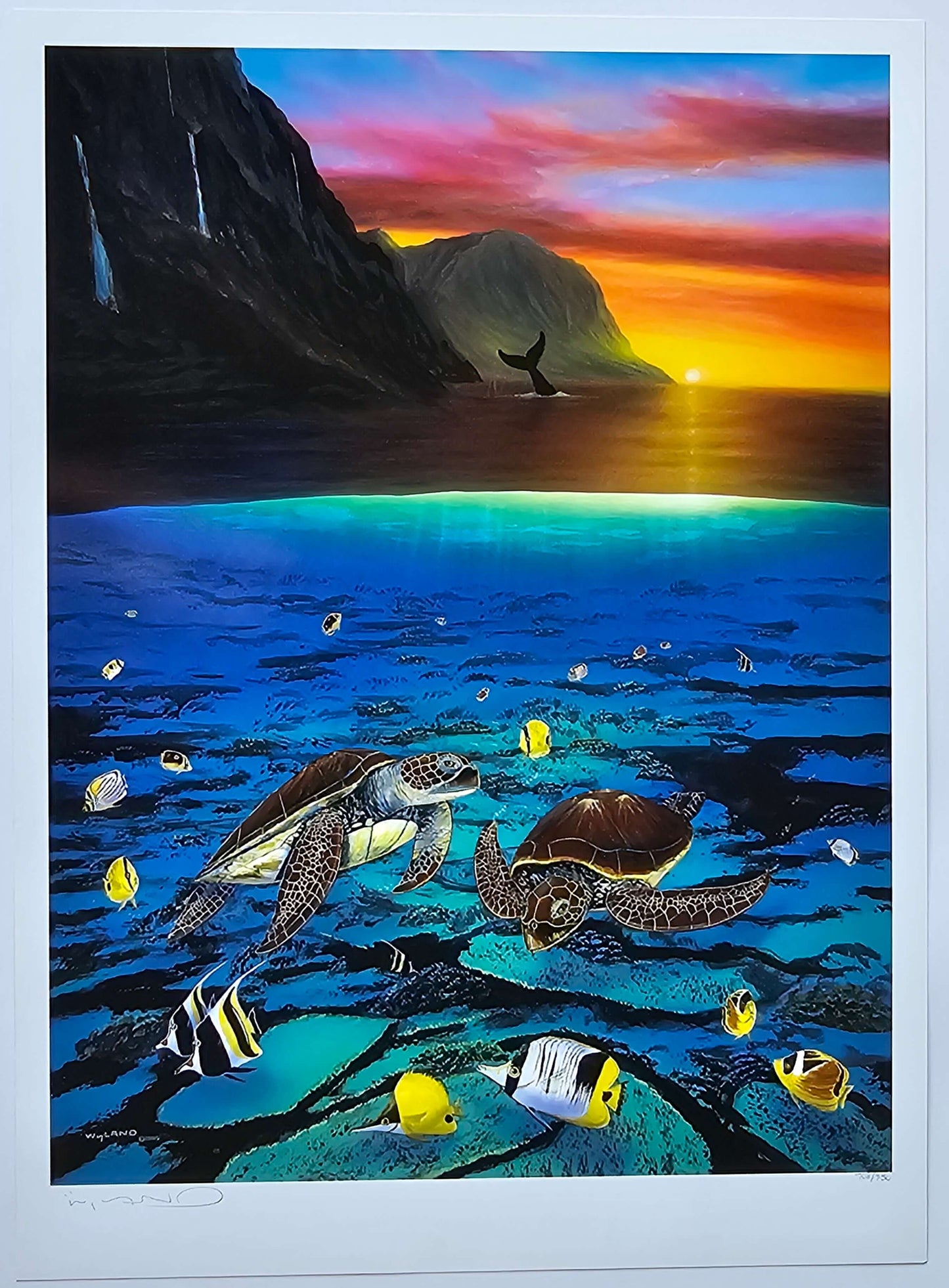 Wyland "Ancient Mariner" sea turtles, fish, whale during sunset