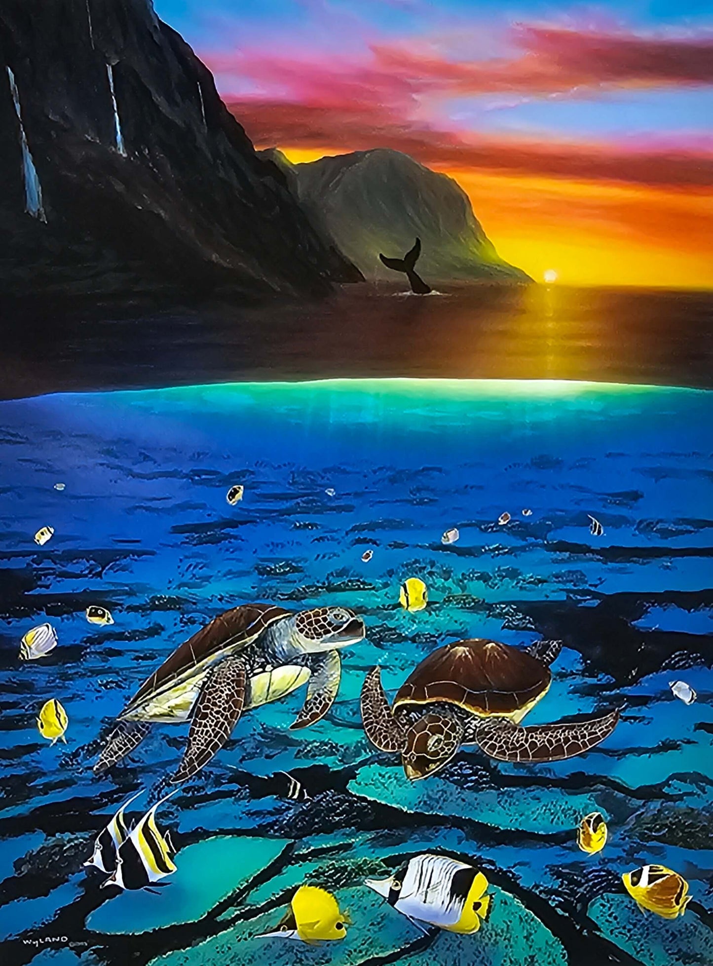 Wyland "Ancient Mariner" sea turtles, fish, whale during sunset