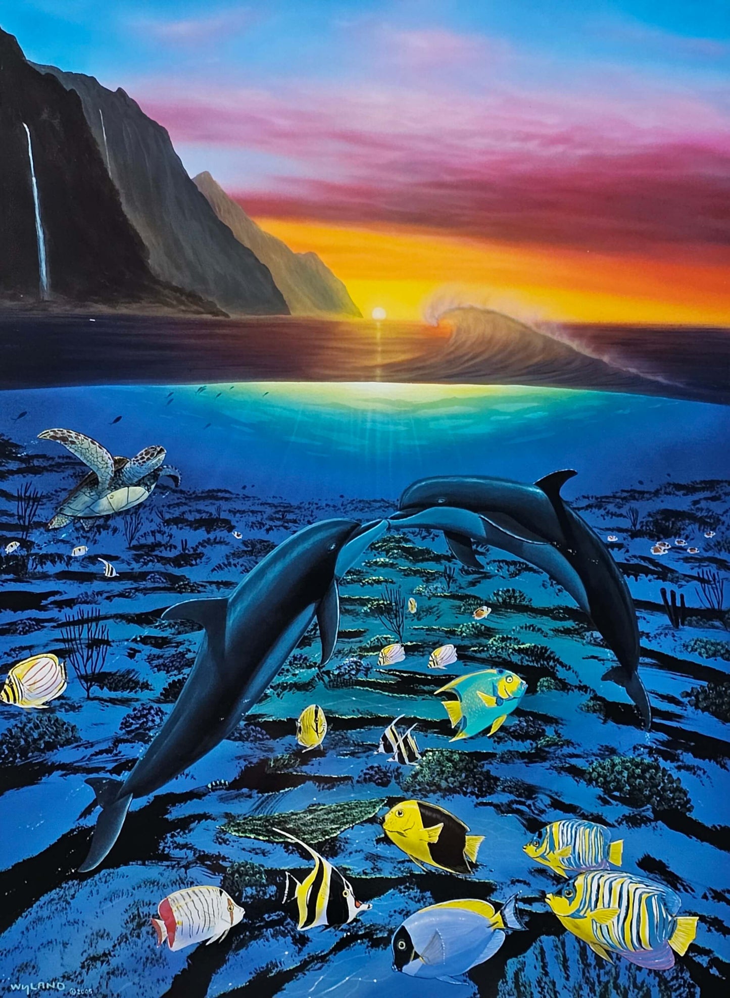 Wyland "Kiss for the Sea" dolphin art with reef fish and sea turtles