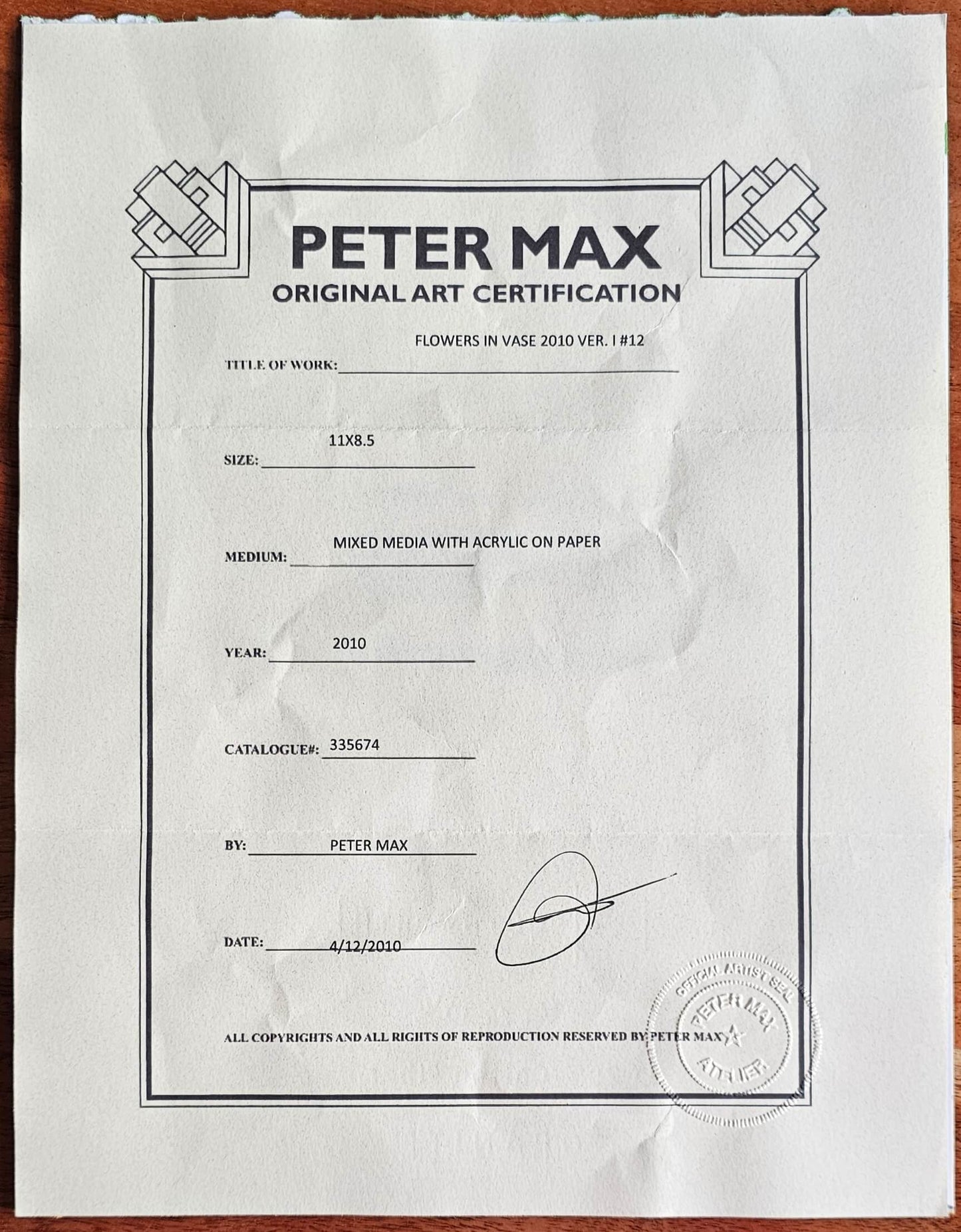 Peter Max certificate of authenticity