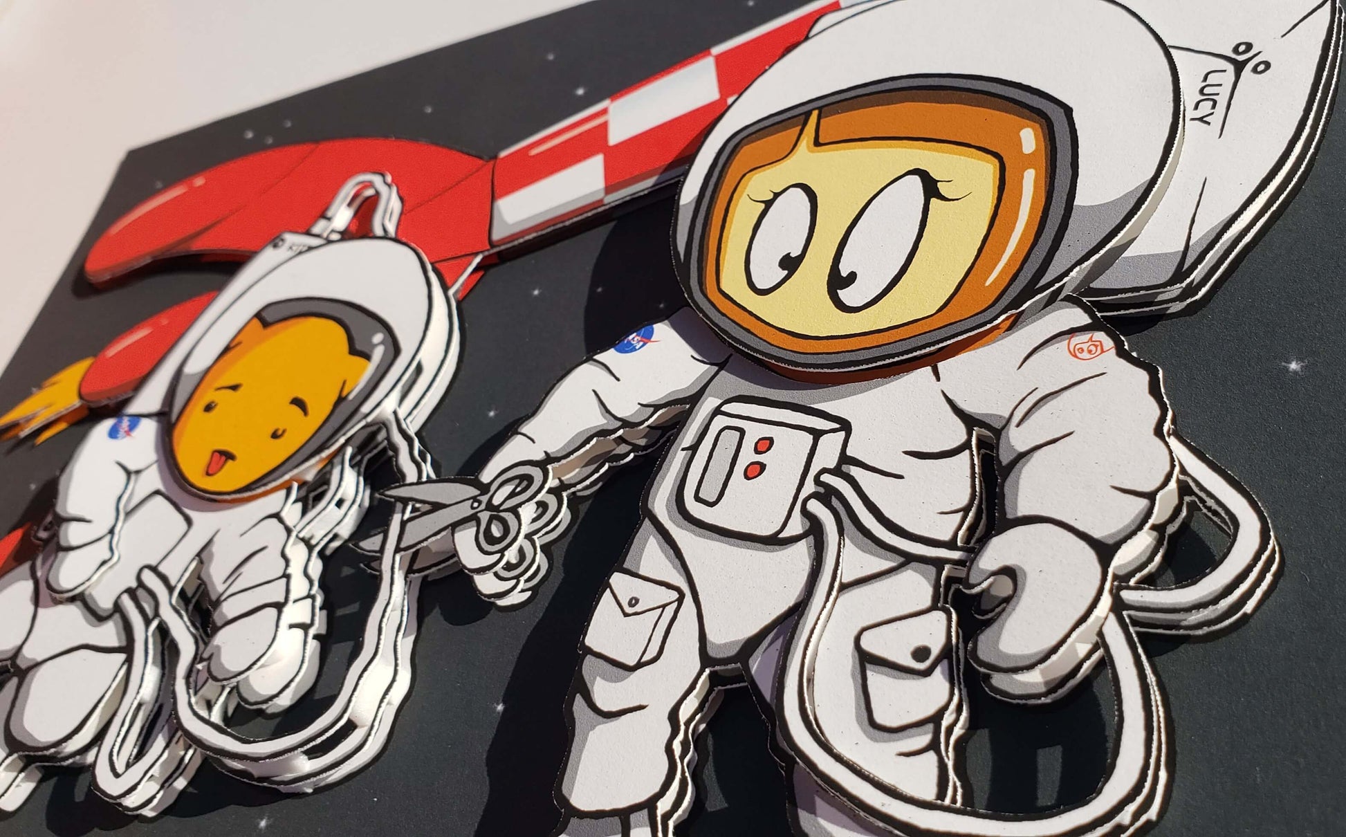 Astronaut Little Lucy & Space Cat with Rocket NASA El Bocho Street Artist Signed 3d numbered print