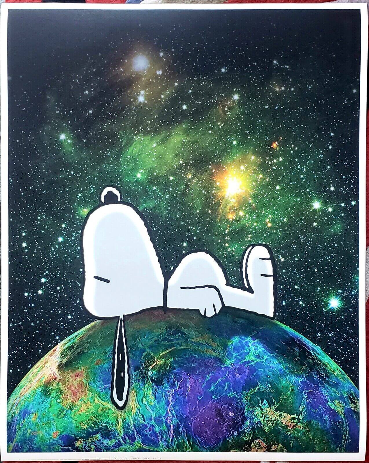 Peanuts Snoopy dog "On top of the world" fine art print with NASA photo of planet Earth and galaxy