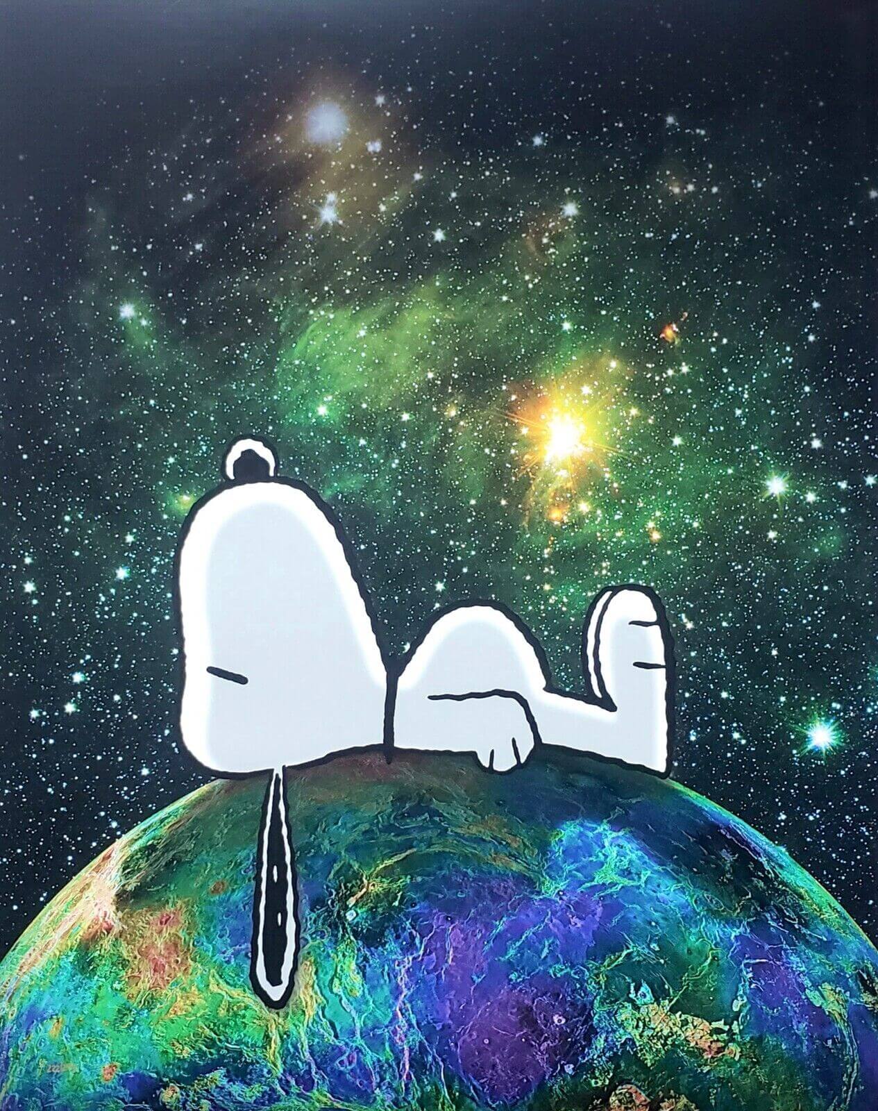 Peanuts Snoopy dog "On top of the world" fine art print with NASA photo of planet Earth and galaxy