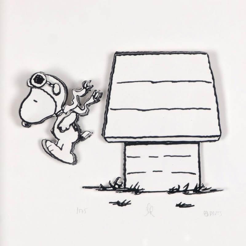 Pilot Snoopy Aviation Dog Peanuts comic jumping from dog house art