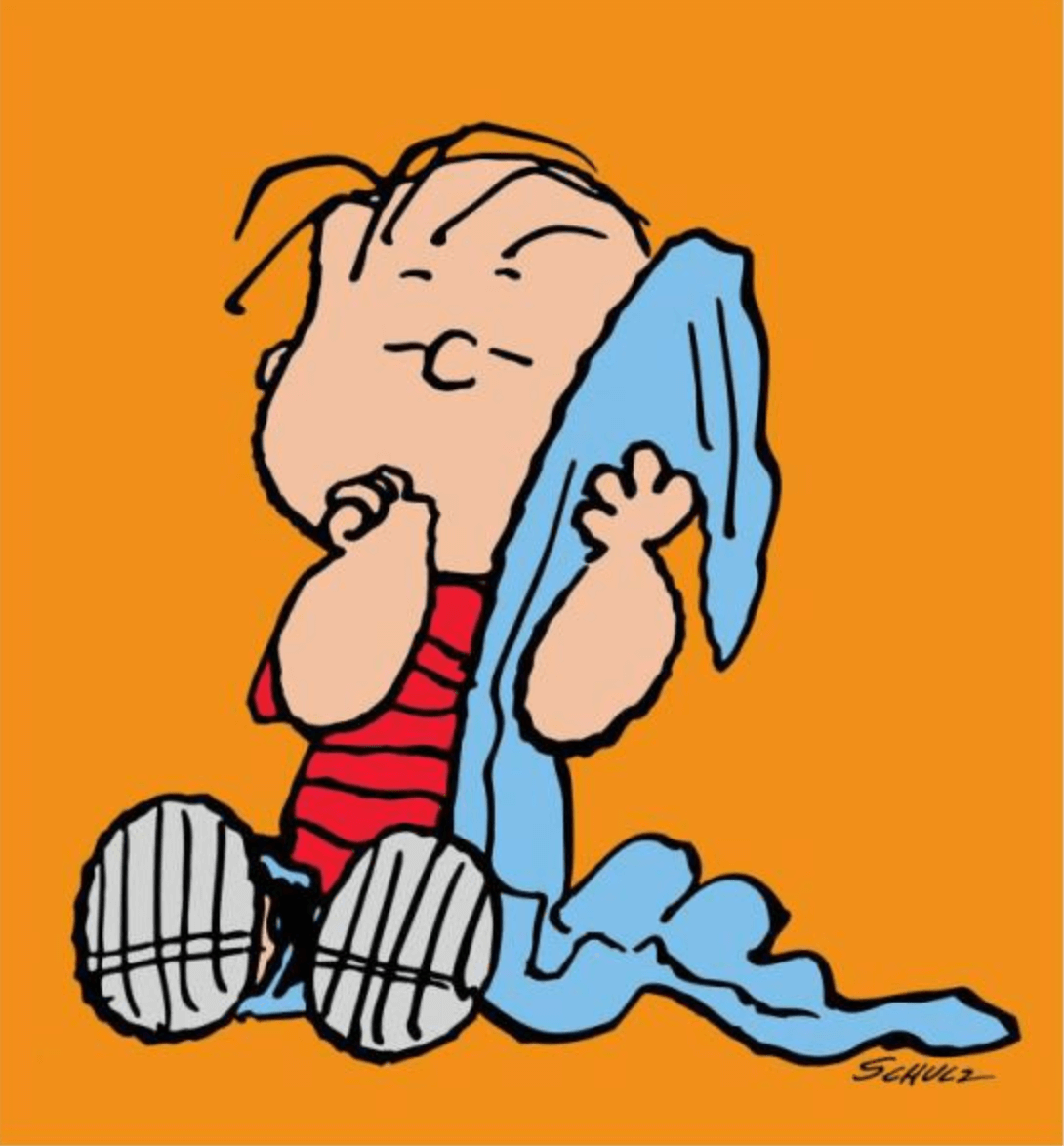 Peanuts comic strip character Linus with his blanket on orange background