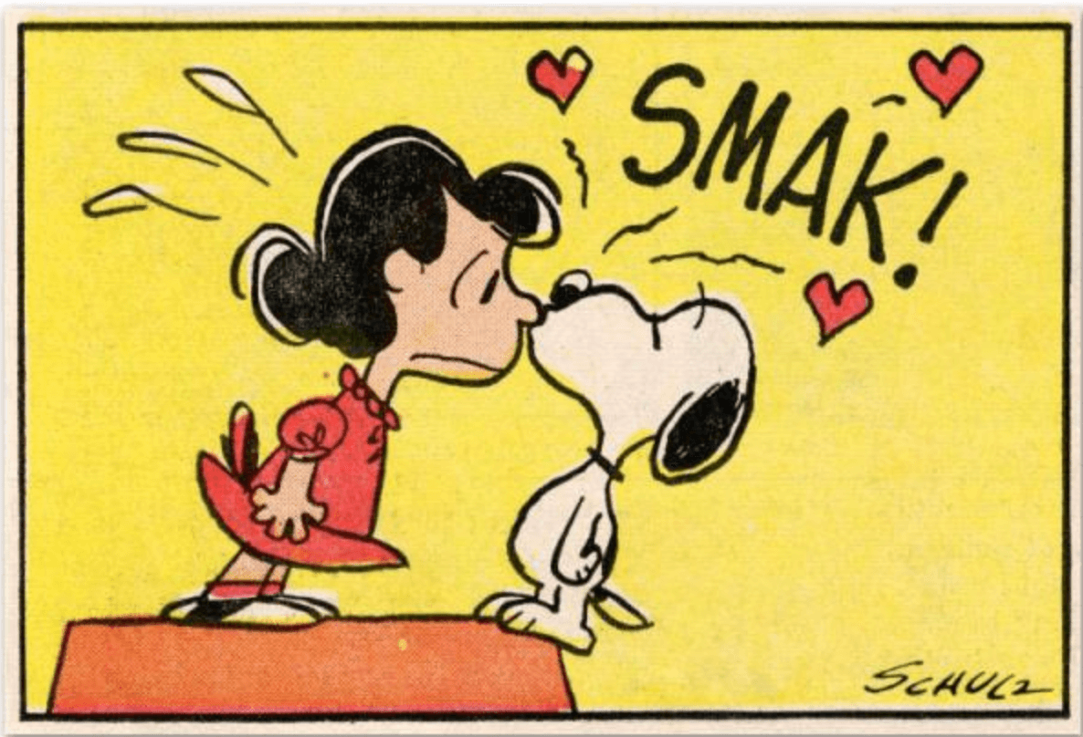 Lucy Van Pelt and Snoopy Kissing Charles M. Schulz Comic with red hearts, yellow background, signed in print "Schulz" on roof of dog house