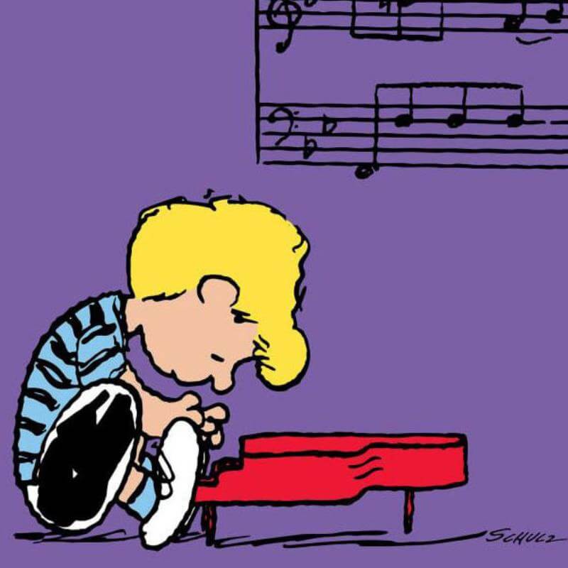 Peanuts "Schroeder" playing piano with purple background