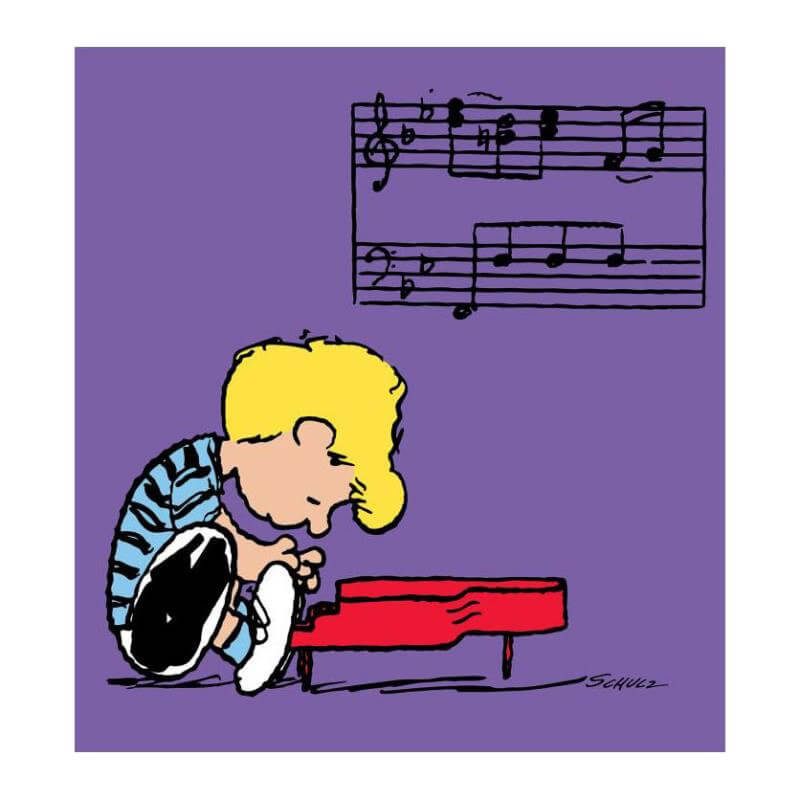 Peanuts "Schroeder" playing piano with purple background with music notes