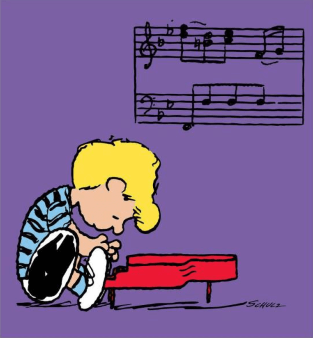 "Schroeder" playing piano with music notes