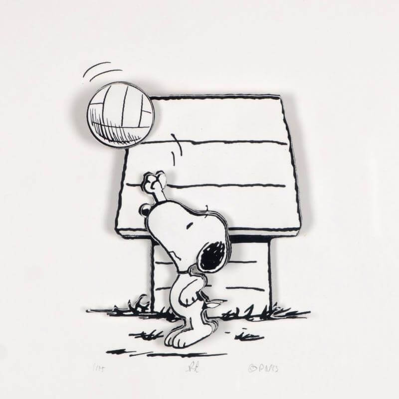 Snoopy dog playing volleyball infront of his famous dog house. Charles M. Schulz Peanuts