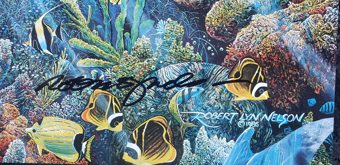 Robert Lyn Nelson Dolphin Time hand signed art 1986 with sea turtles, reef fish and corals with dolphins jumping out of water