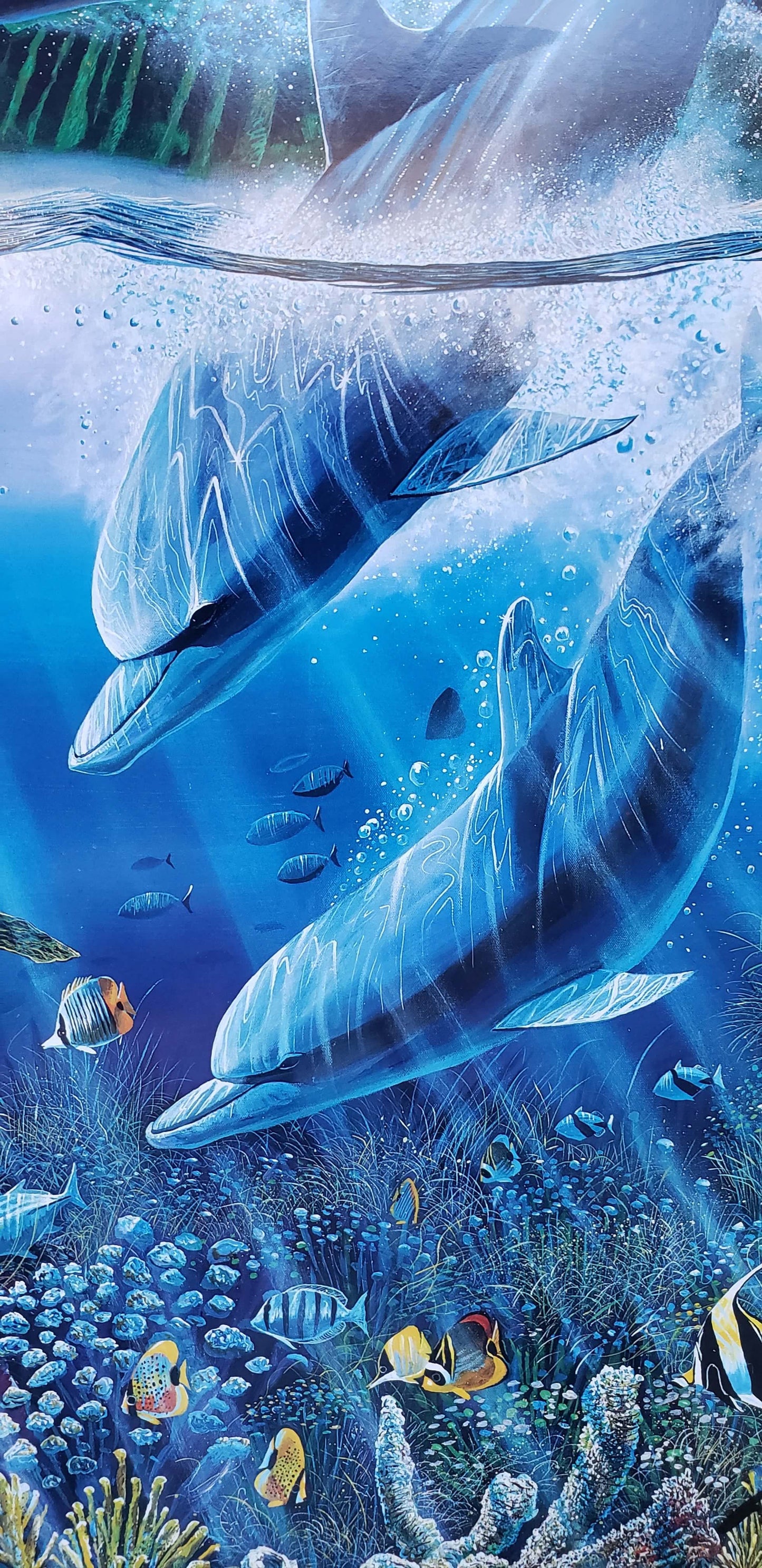 Robert Lyn Nelson Dolphin Time hand signed art 1986 with sea turtles, reef fish and corals with dolphins jumping out of water