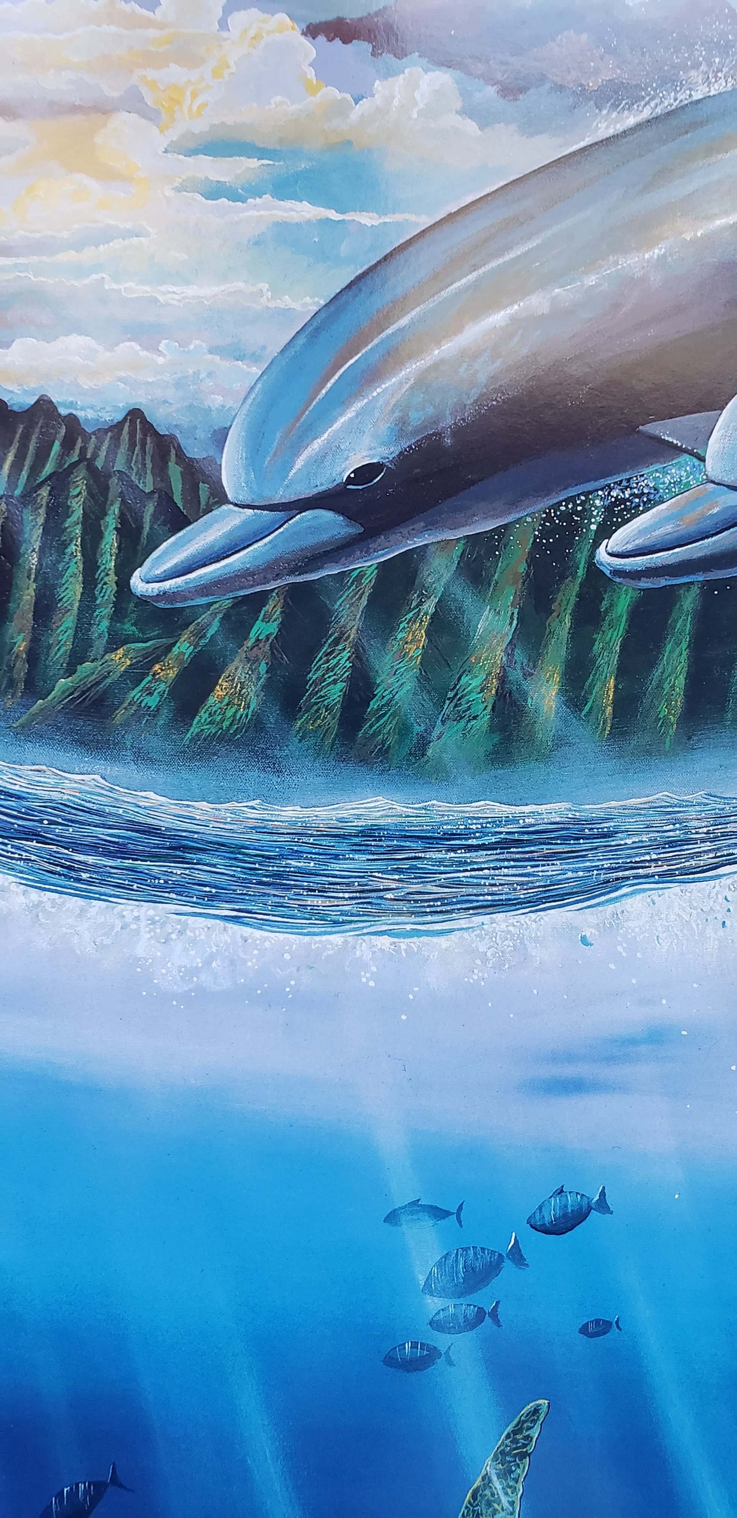 Robert Lyn Nelson Dolphin Time hand signed art 1986 with sea turtles, reef fish and corals with dolphins jumping out of water