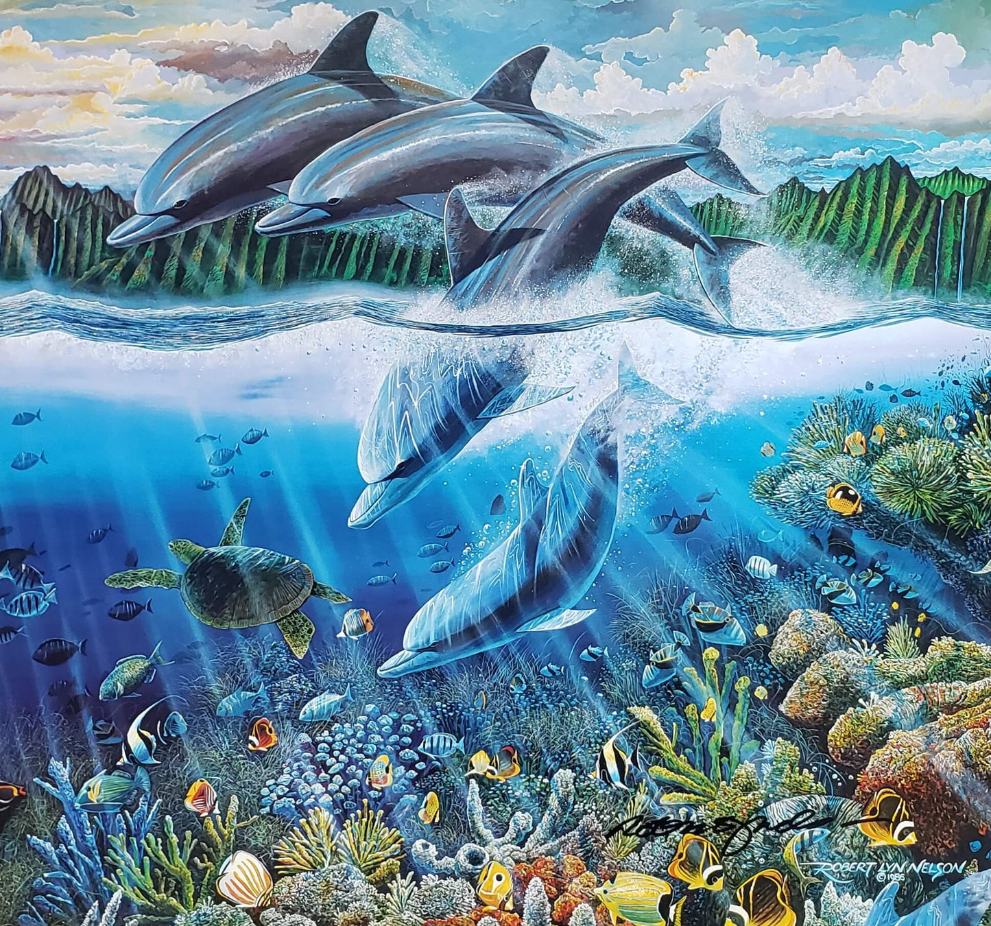 Robert Lyn Nelson Dolphin Time hand signed art 1986 with sea turtles, reef fish and corals with dolphins jumping out of water
