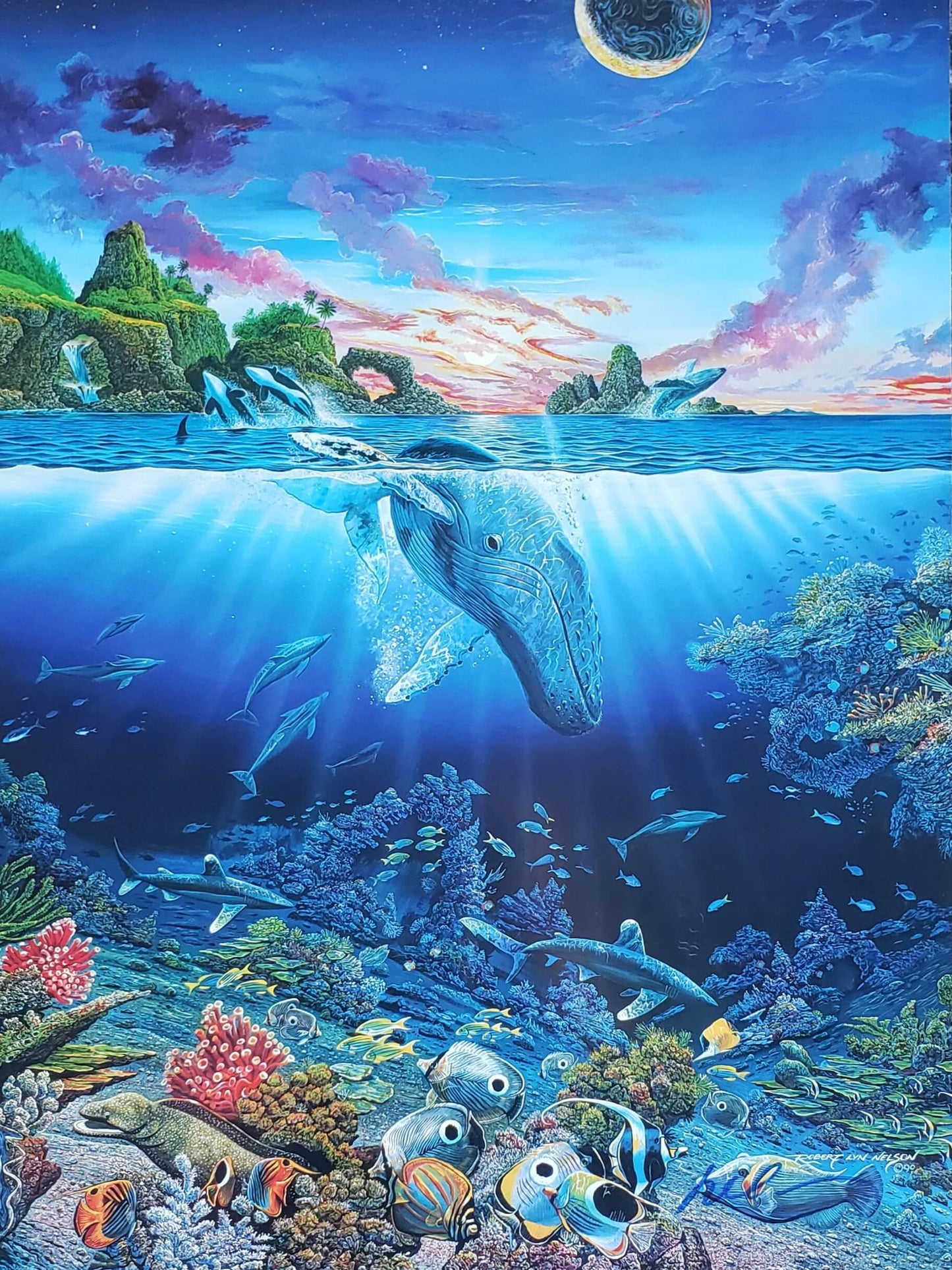 Robert Lyn Nelson Hand Signed Three Worlds whale ocean moon coral reef shark orca art