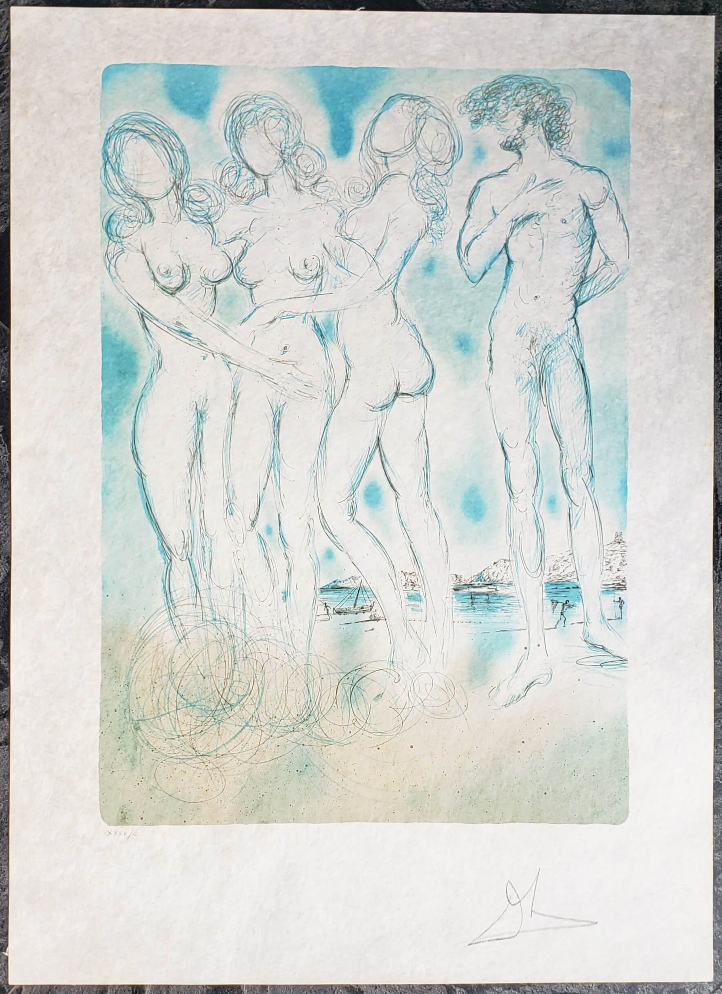 Salvador Dali hand signed surrealism surrealist artwork boat & people