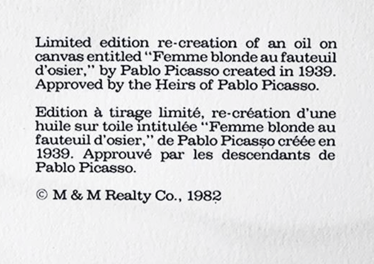 Pablo Picasso "Femme Blonde Au Fauteuil D'Osier" Lithograph signed by Marina Picasso