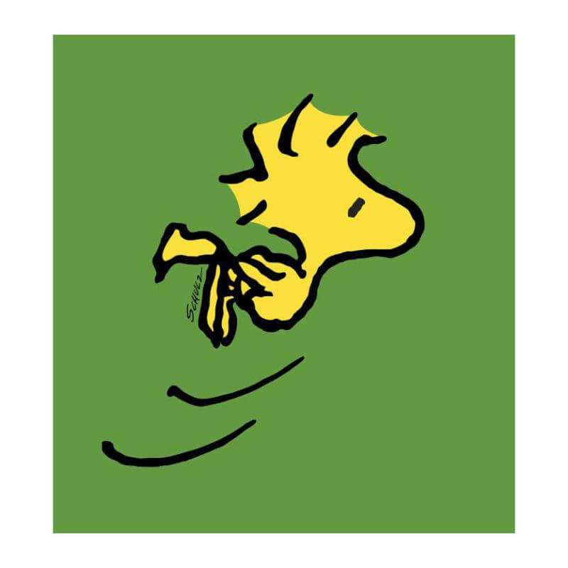 Charles M. Schulz Peanuts comic strip art Woodstock yellow bird on green background